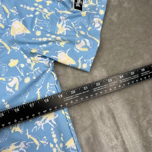 Waggle Buzzin Polo Shirt Mens Small Blue Yellow Bee Floral Performance Stretch - Picture 11 of 11
